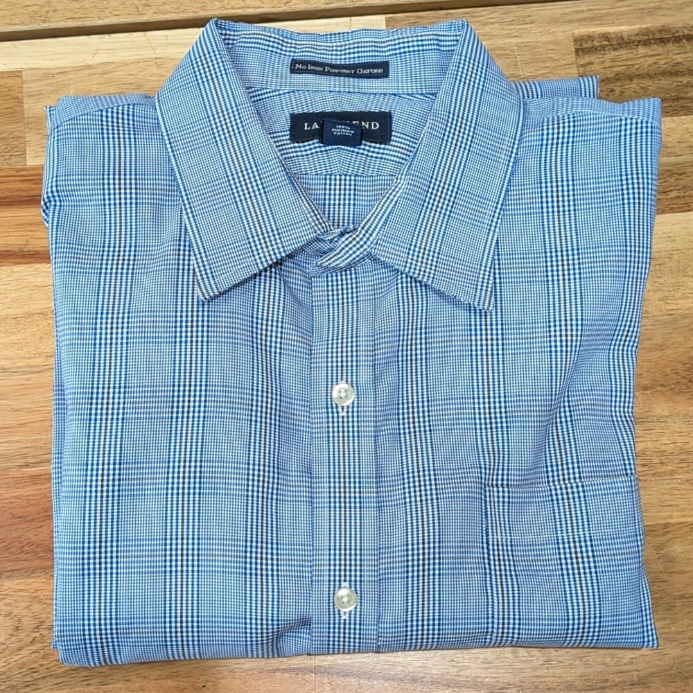 Lands End Dress Shirt Mens 17.5 35 Blue Glen Plaid No Iron Pinpoint Oxford